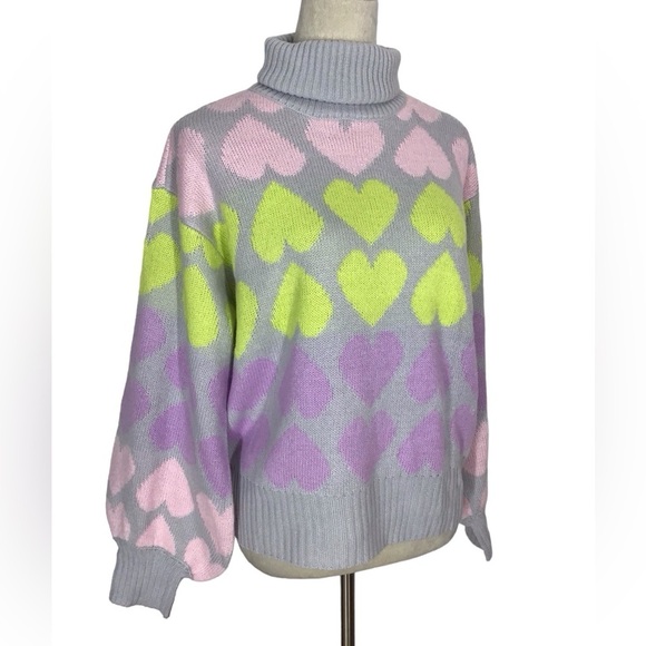 Wednesday Girl High Neck Sweater In Pastel Heart Knit NWT - Picture 6 of 10